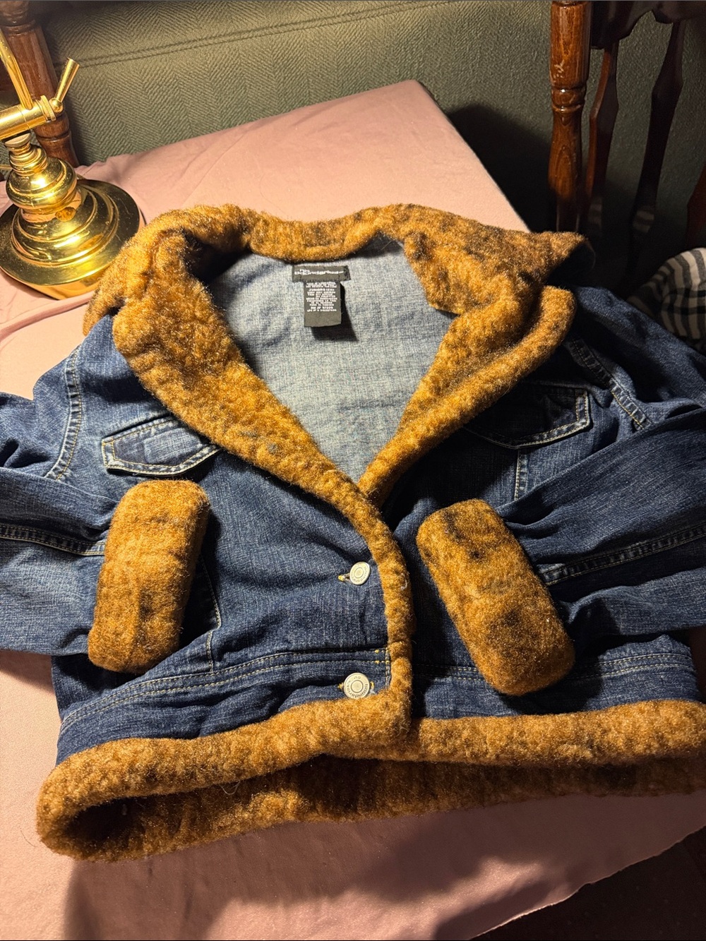 No Boundaries Dark Blue Denim Jacket with Brown Faux Shearling Trim